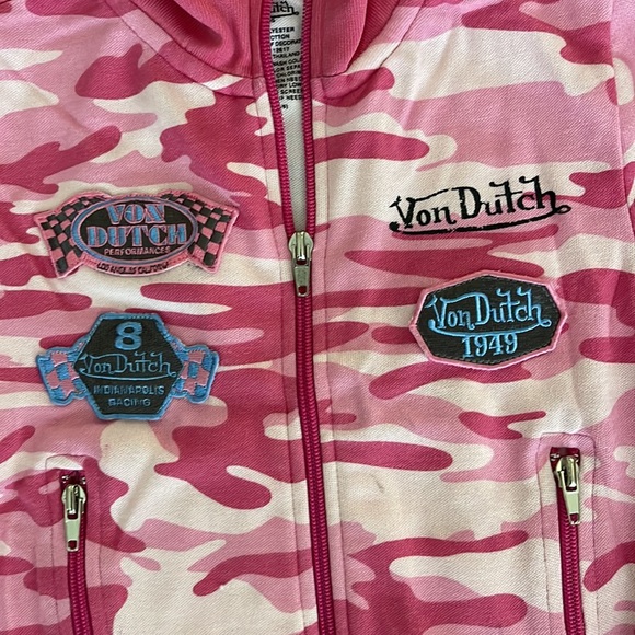 Pink camo Von Dutch zip up hoodie with patches and design on back- brand new - Picture 3 of 7